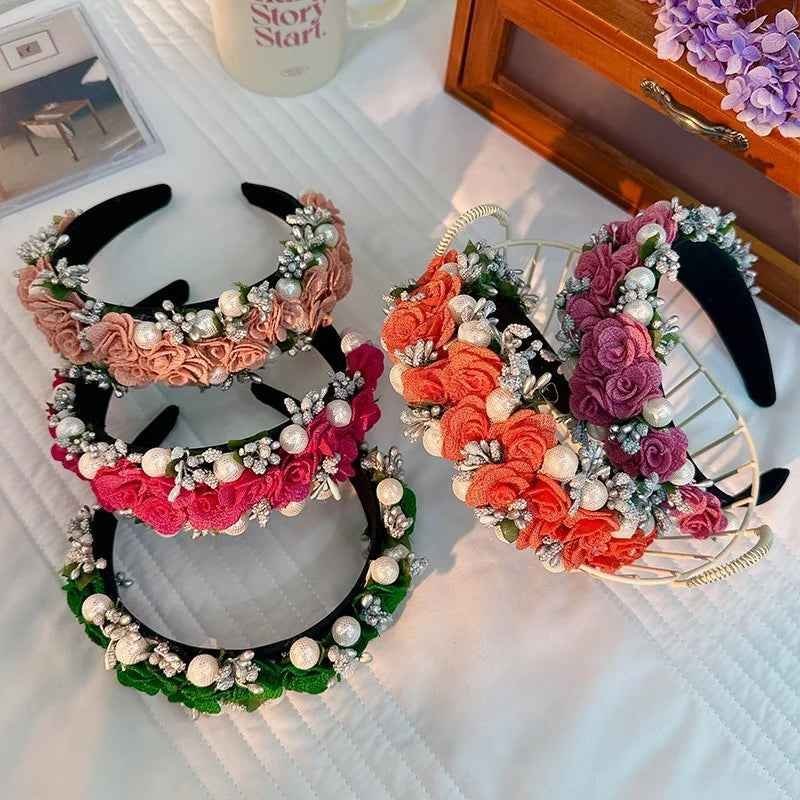 Baroque Pearl Rose Headband Luxury Fabric Flower Hair Band Wedding Party Accessory - Image 8