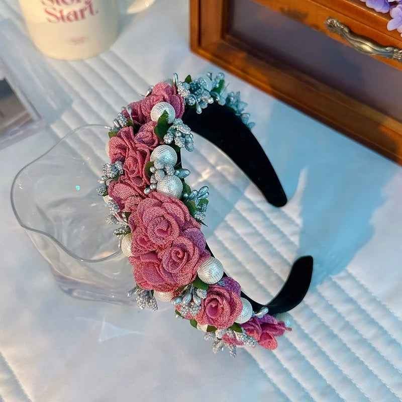 Baroque Pearl Rose Headband Luxury Fabric Flower Hair Band Wedding Party Accessory - Image 5