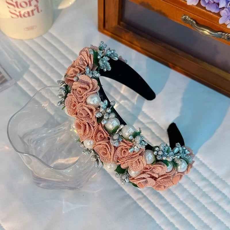 Baroque Pearl Rose Headband Luxury Fabric Flower Hair Band Wedding Party Accessory - Image 2