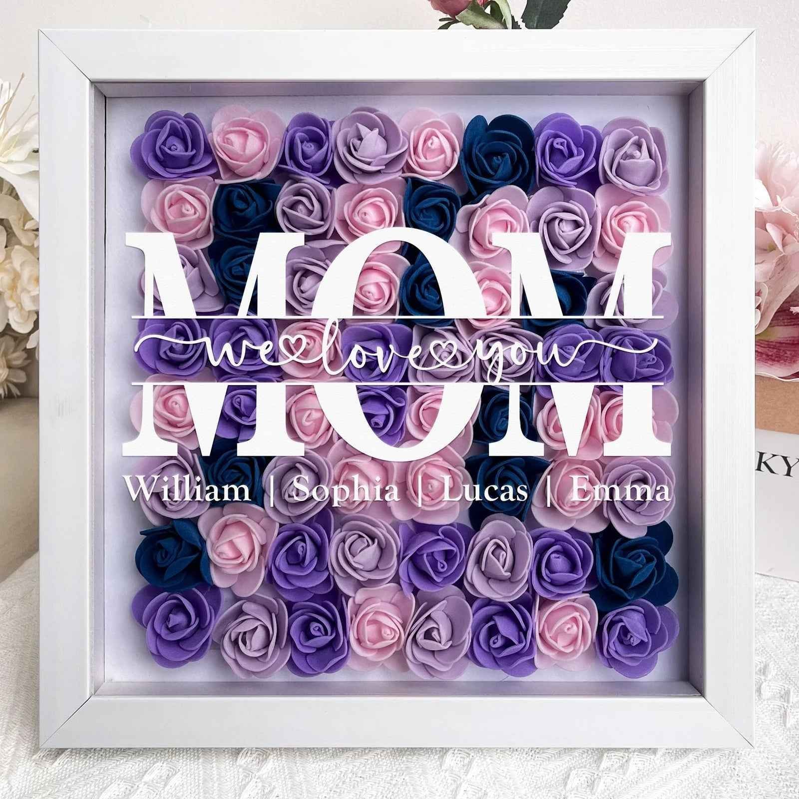Personalized Flower Shadow Box Gift for Mum Custom Names Rose Frame Mothers Day Present - Image 2