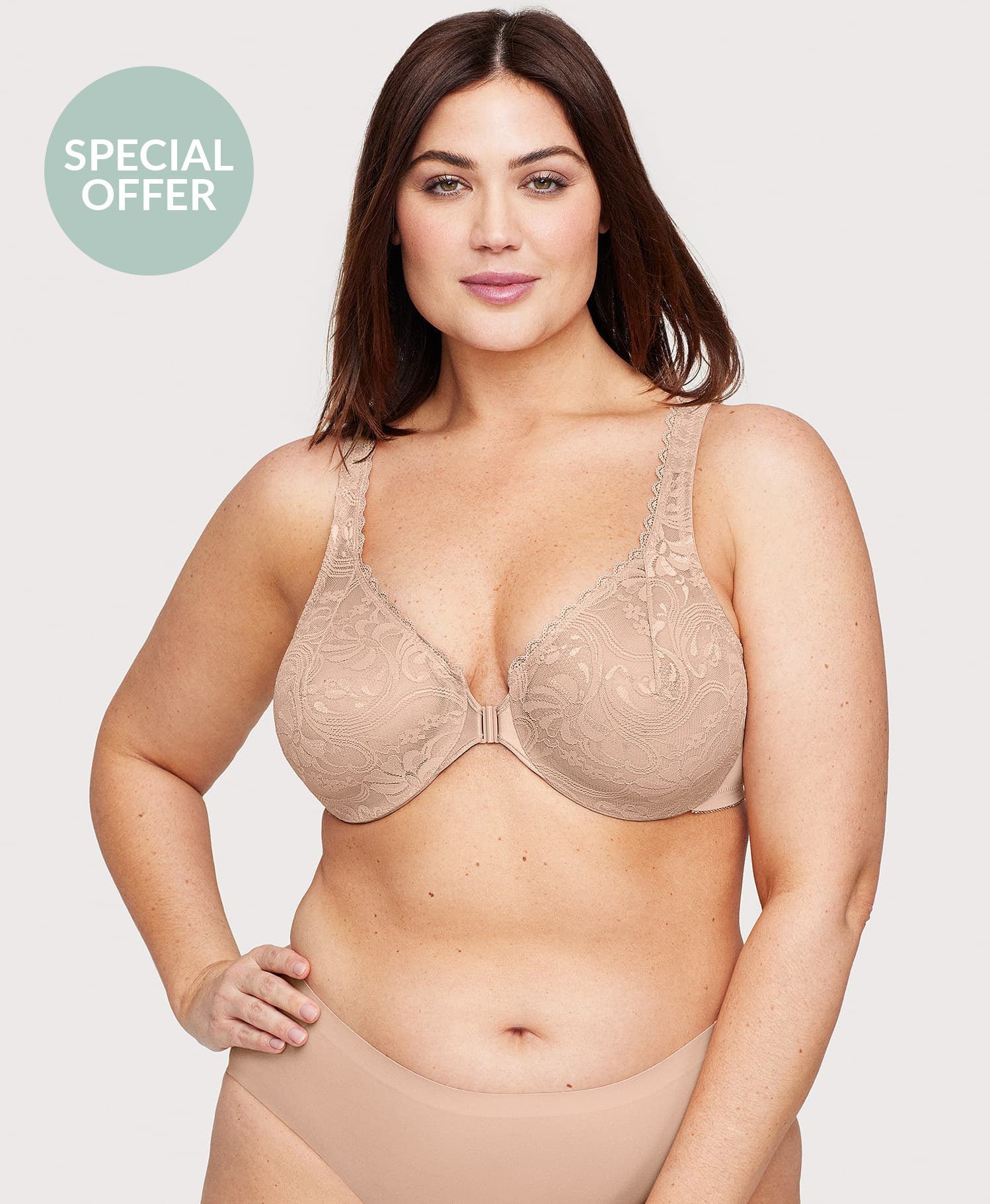 Front-Closure Stretch Lace WonderWire Bra Cafe